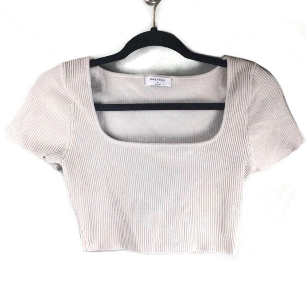 Aritzia Babaton Sculpt Knit Square Neck Ribbed Shorts Sleeve Crop Top Sz Medium